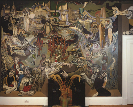 Displays the horrors of war through destruction, death and religion. An Anti-war and anti-nuclear mural using a landscape of Glasgow to show these horrors.