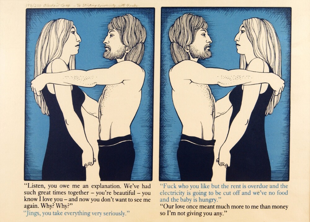 Displays a couple arguing and breaking up over money, one partner is concerned more about the bills, the other is concerned more about love.